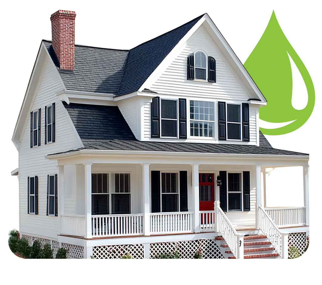 A two-story white house with a dark roof and a green graphic, illustrating a roof rejuvenation treatment process or eco-friendly product application