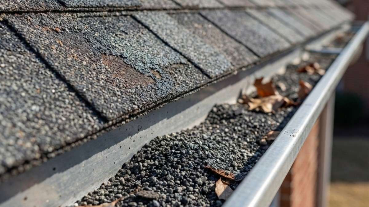 A close-up photo of a rain gutter filled with black shingle granules and a few leaves, showing a roof that is losing its protective coating.