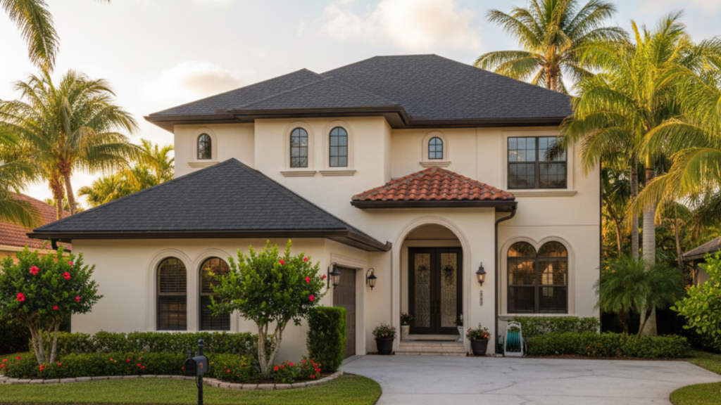 A luxurious Mediterranean-style house featuring a beige stucco exterior, a dark roof, and lush palm trees