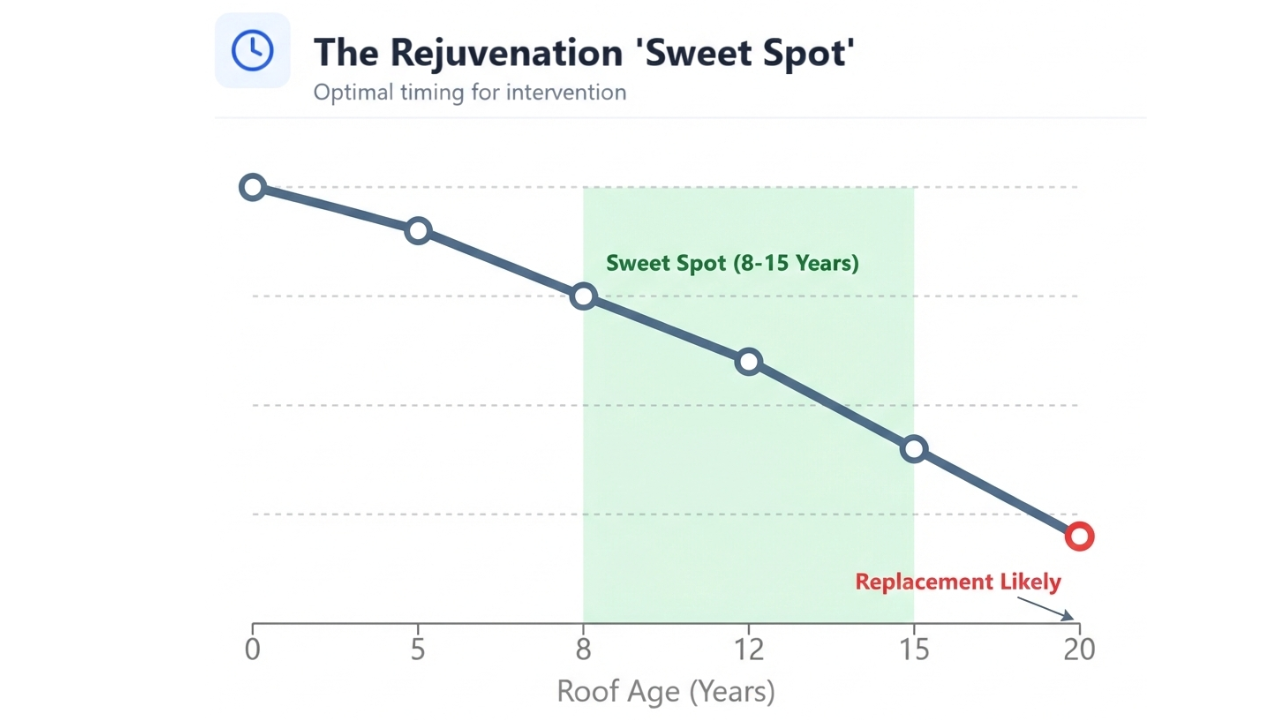 a graph chart showing sweet spot for roof rejuvenation is 8 to 15 years old roof