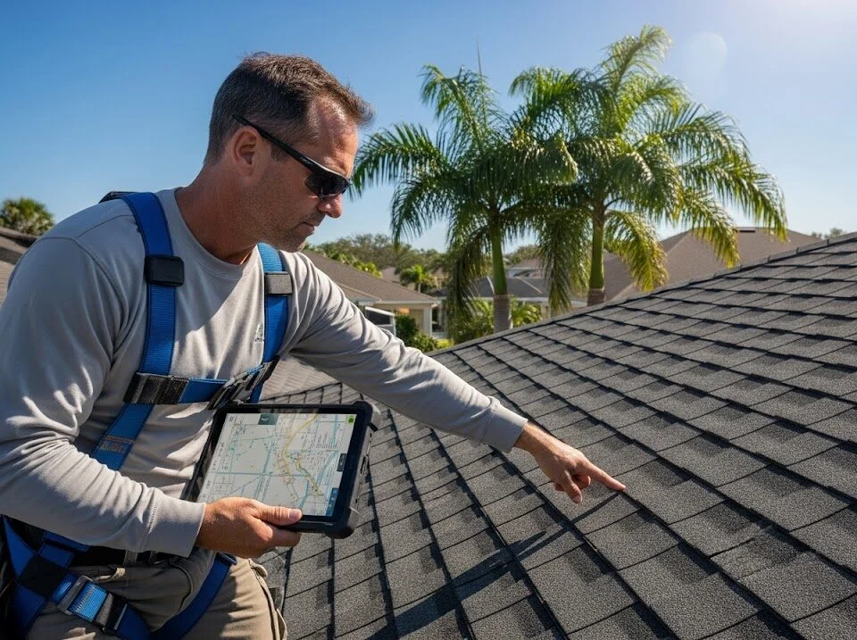 A professional Roof Juice FL technician wearing a safety harness inspecting an asphalt shingle roof while holding a tablet.