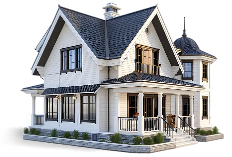 A two-story Victorian-style white house with a dark grey shingled roof, a wrap-around porch, and a small domed tower section.